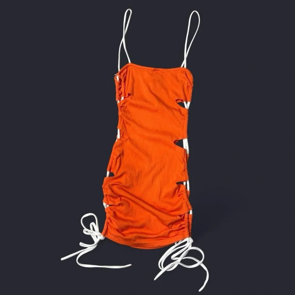 Orange Ruched Drawstring Mini Dress - Picture 8 of 8